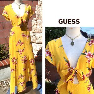 GUESS Floral Long Dress Double Slit Front Logo S